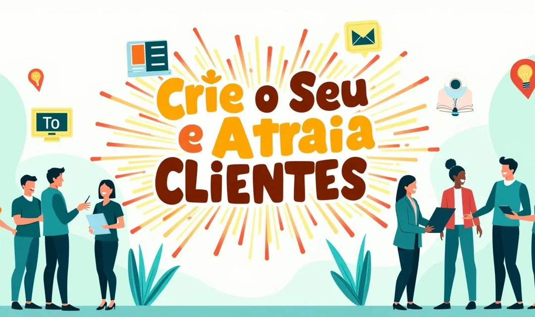 Pôster promocional colorido com texto Crie o Seu e Atraia Clientes, ícones de serviços e clientes felizes.